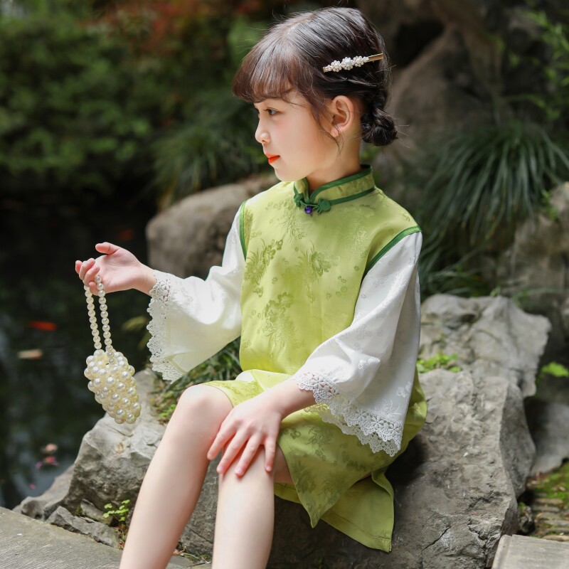 夏季新款复古洋气中国风儿童旗袍女孩唐装汉服中长袖拼接连衣裙夏