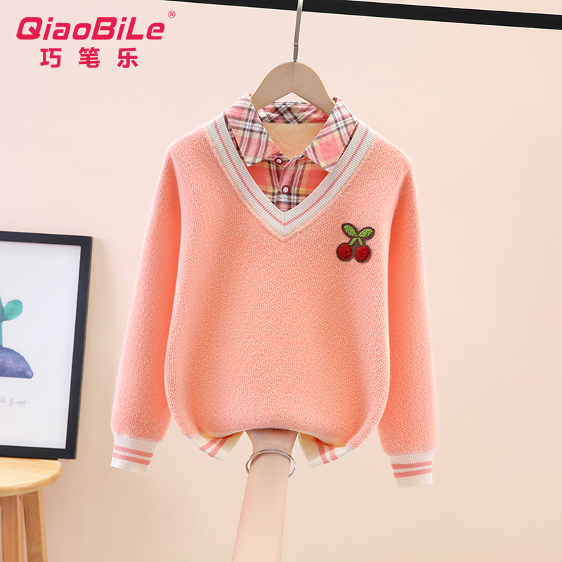 女童毛衣一体加绒秋冬新款衬衫领2023中大童学院风假两件针织打底