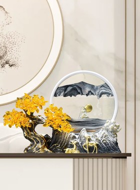 2024年龙年新中式发财树创意流沙画摆件沙漏轻奢客厅电视柜装饰品