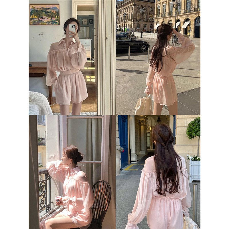 若语定制 爱丽丝仙境 珠光微透韩漫木耳边衬衫宽腰头短裤韩女套装