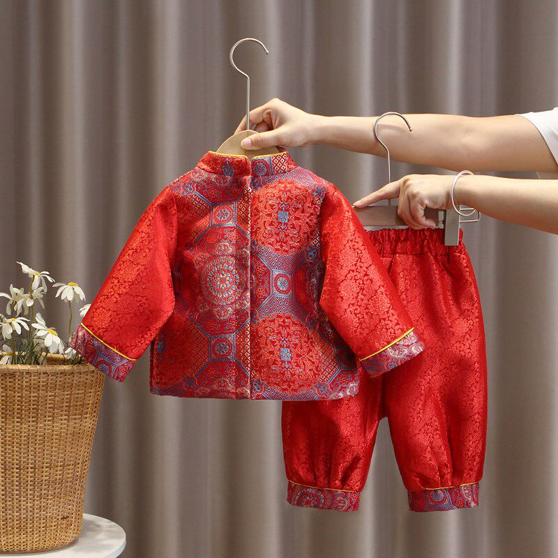 宝宝周岁宴礼服春秋季中式唐装男宝百天抓周服套装女婴儿红色衣服