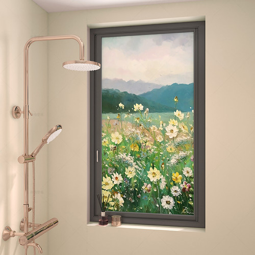 雏菊油画卫生间磨砂玻璃贴膜透光不透明静电膜高级感防窥装饰贴纸