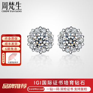 周梵生【培育】钻石耳钉女18K金群镶显大一1克拉耳饰人工人造耳环