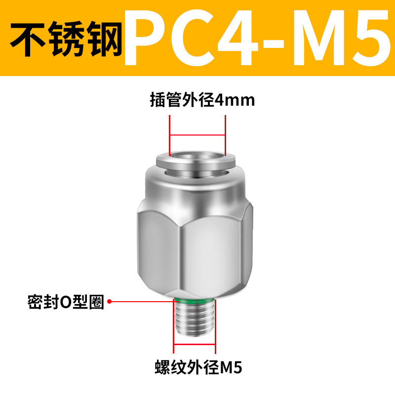 PC螺纹直通304不锈钢气管气动快插接头PC6-01/8-02P/12-03/10-04