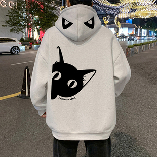 美式复古潮牌痞帅高街加绒加厚连帽卫衣男生秋冬季重磅情侣装外套