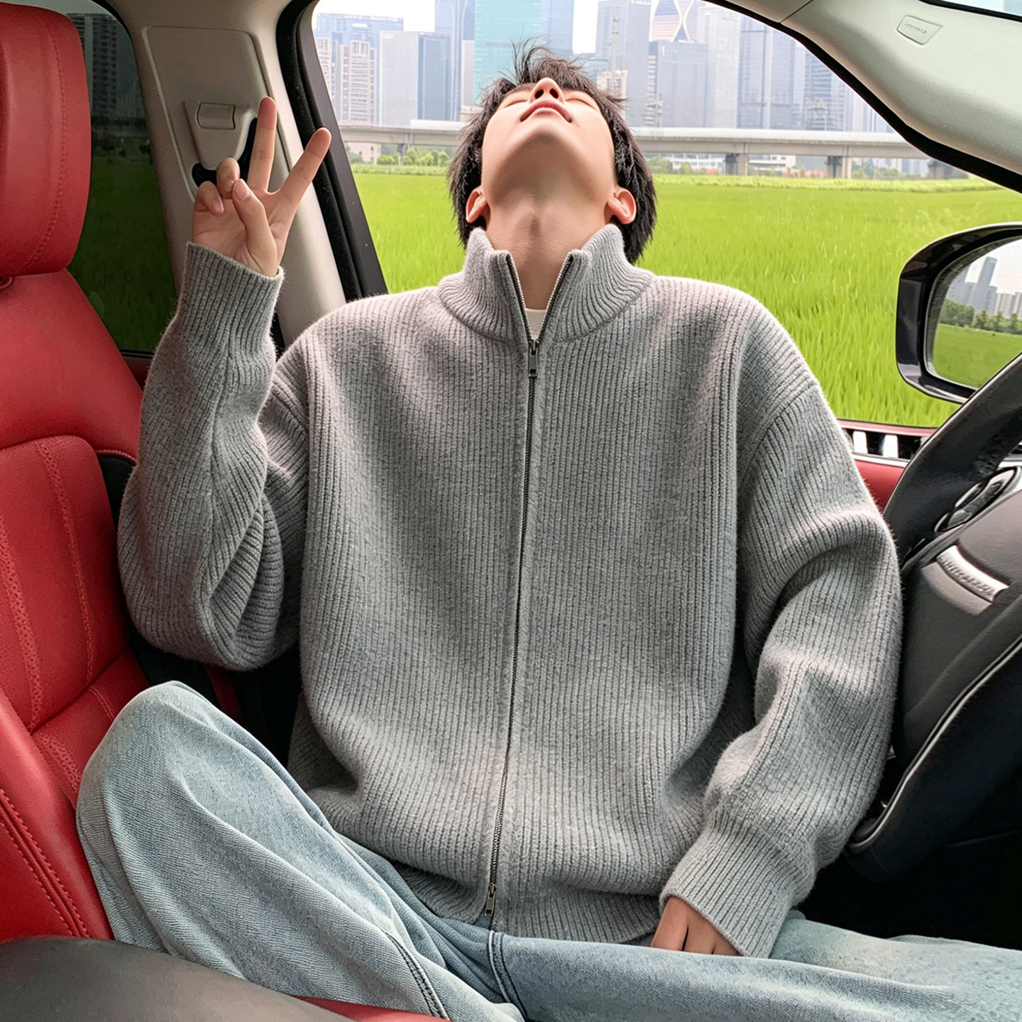 双拉链毛衣男春秋季新款情侣宽松休闲打底上衣服青少年针织衫外套