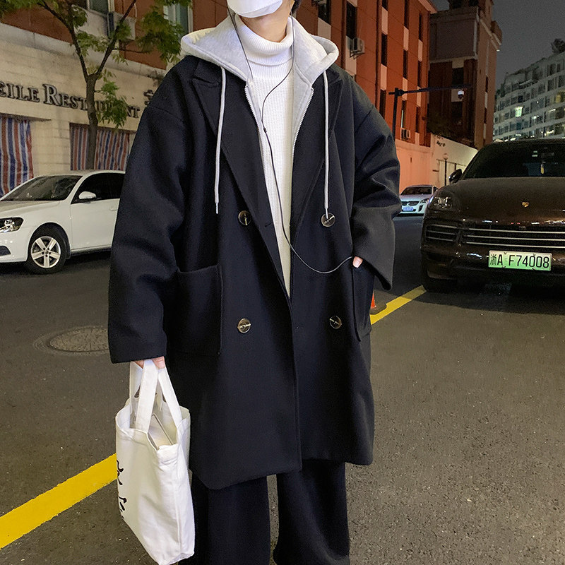 春秋季新款假两件毛呢连帽大衣男生美式休闲夹棉加厚宽松潮牌外套