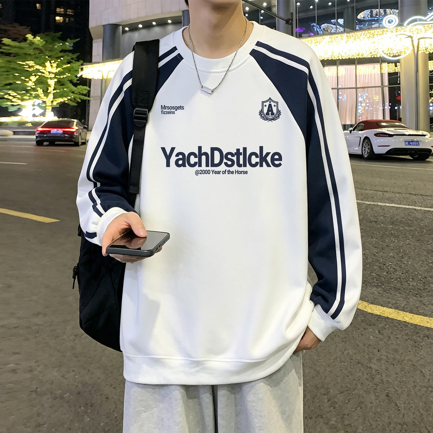 美式复古撞色休闲圆领卫衣男春秋季新款大码宽松高街情侣长袖体恤