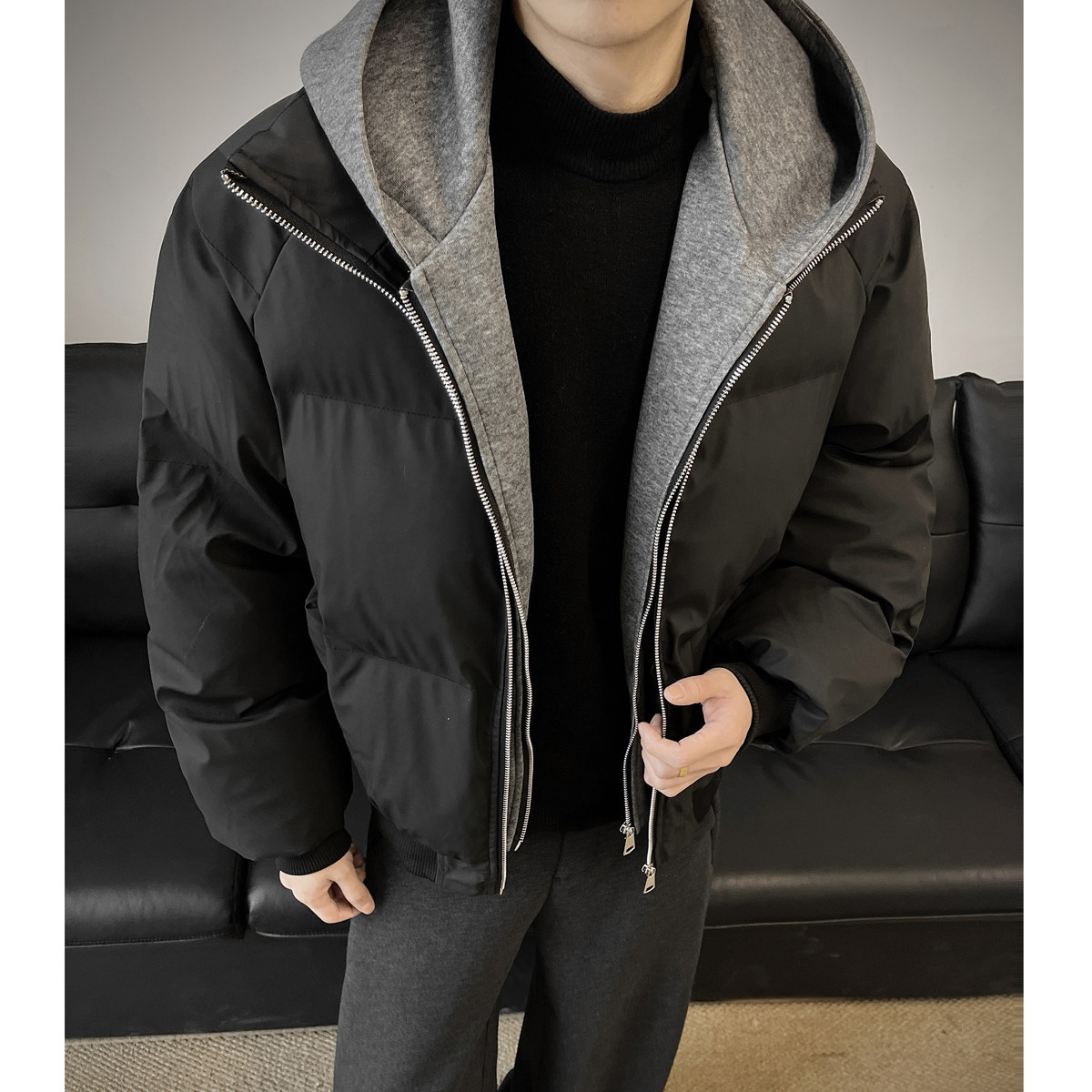 美式假两件pu皮短款棉服男款冬季新款加厚工装棉袄连帽衫外套潮牌