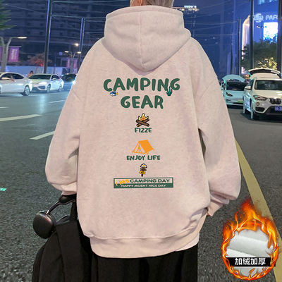 2025新款秋冬季美式重磅加绒加厚连帽卫衣男款潮牌宽松休闲外套男