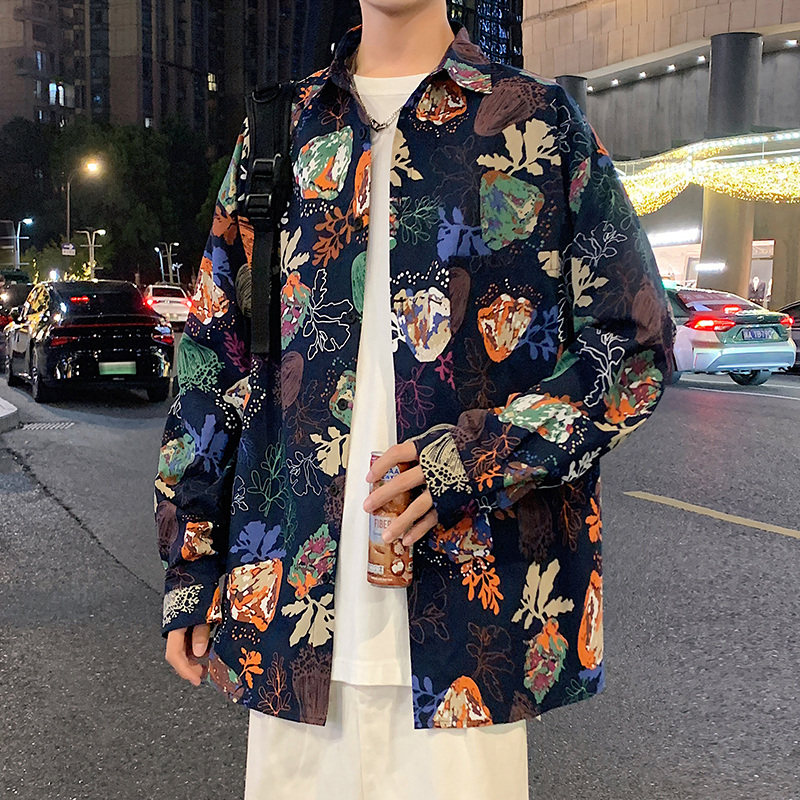 潮牌港风花衬衫男秋冬季2026新款美式休闲男生痞帅宽松长袖衬衣服