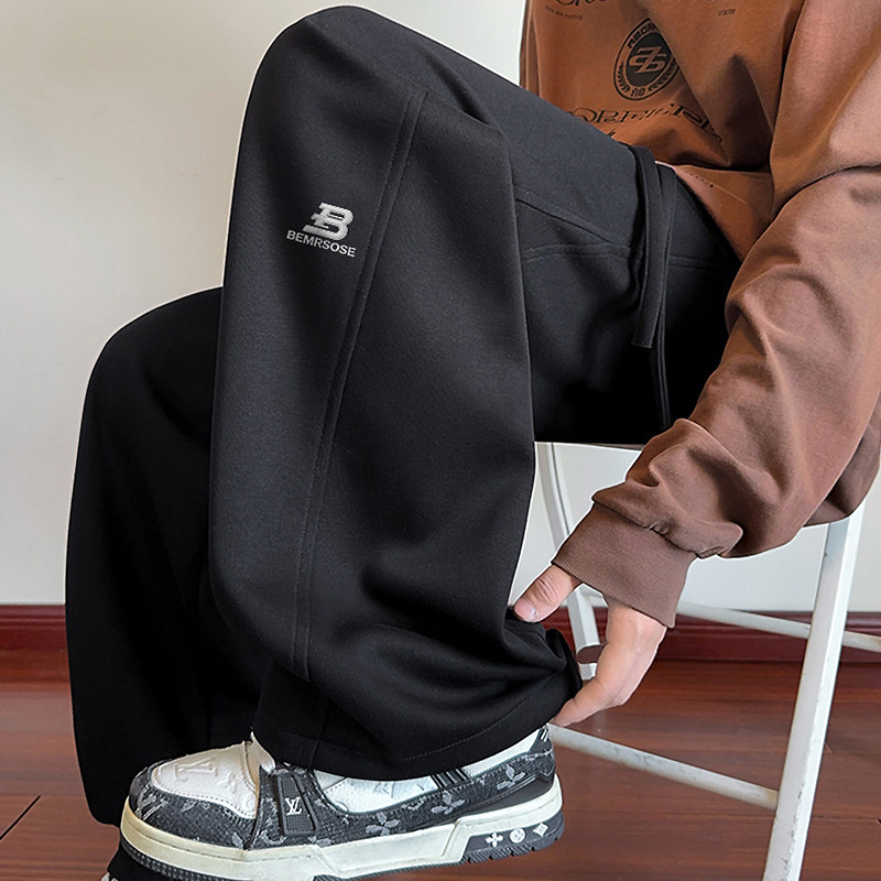 美式休闲裤子男款秋冬季新款加绒运动宽松阔腿裤卫裤垂感直筒长裤