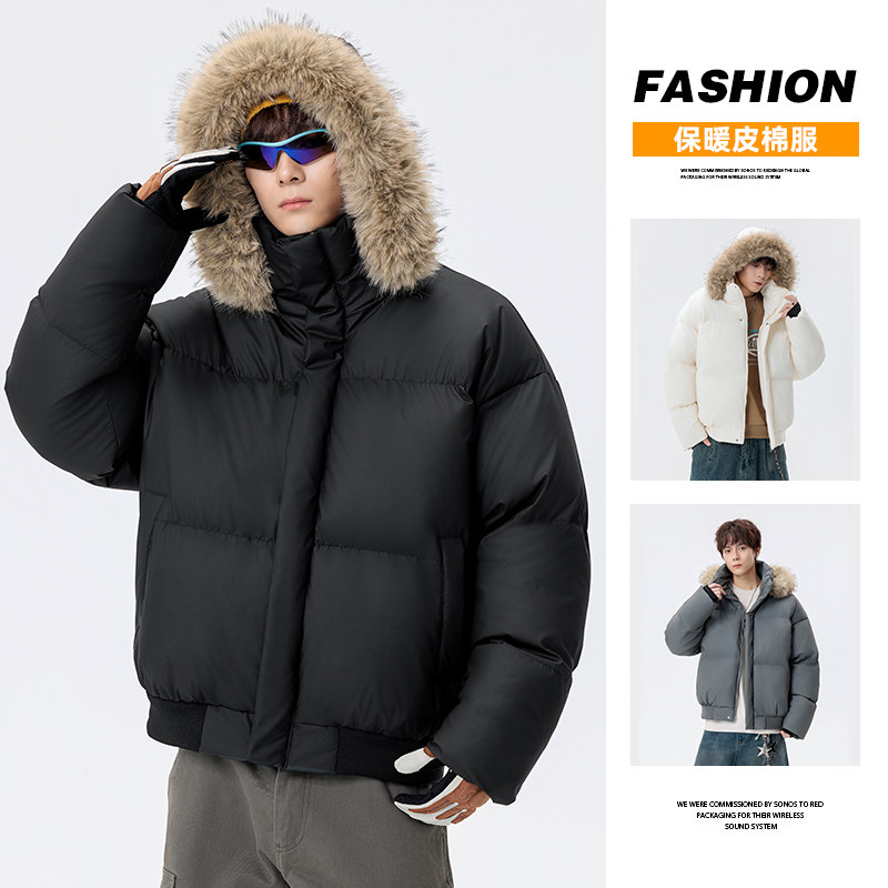 短款保暖棉服冬季新款美式oversize立领面包服高街痞帅皮棉衣男生