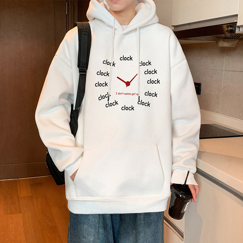 卫衣男加绒加厚春秋季新款趣味时钟印花港风衣服男士宽松潮牌外套