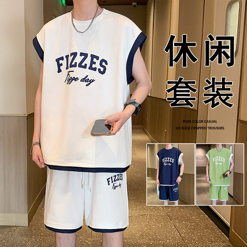 运动休闲套装男速干篮球衣服夏季宽松背心短裤健身房跑步男士一套