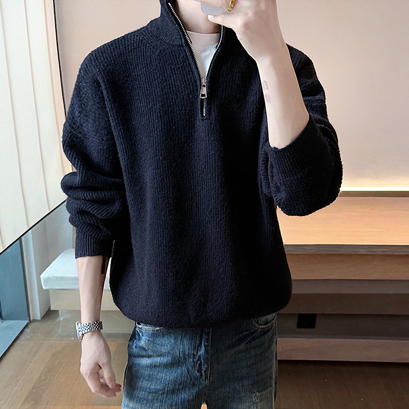 oversize半拉链立领毛衣男款秋冬季宽松慵懒风针织衫美式复古外套