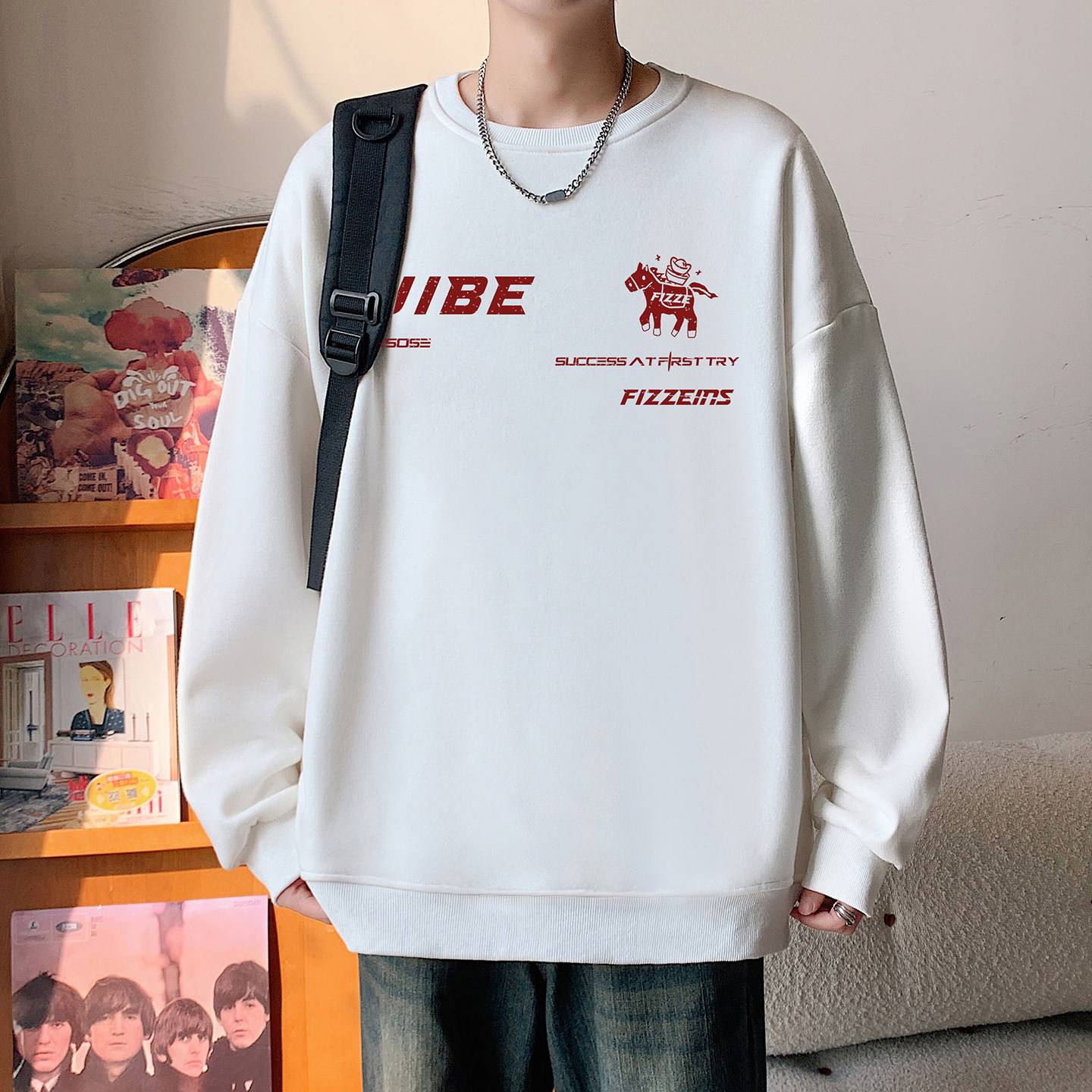 美式加绒重磅圆领卫衣男款春秋季潮牌宽松无帽长袖内搭男生上衣服