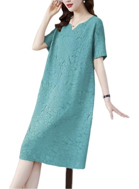 2022夏季新款时尚紫色褶皱压花连衣裙中长款宽松腰显瘦妈妈打底裙