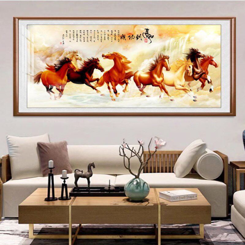 骏马图客厅挂画马到成功装饰画八骏办公室字画茶室沙发背景墙国画