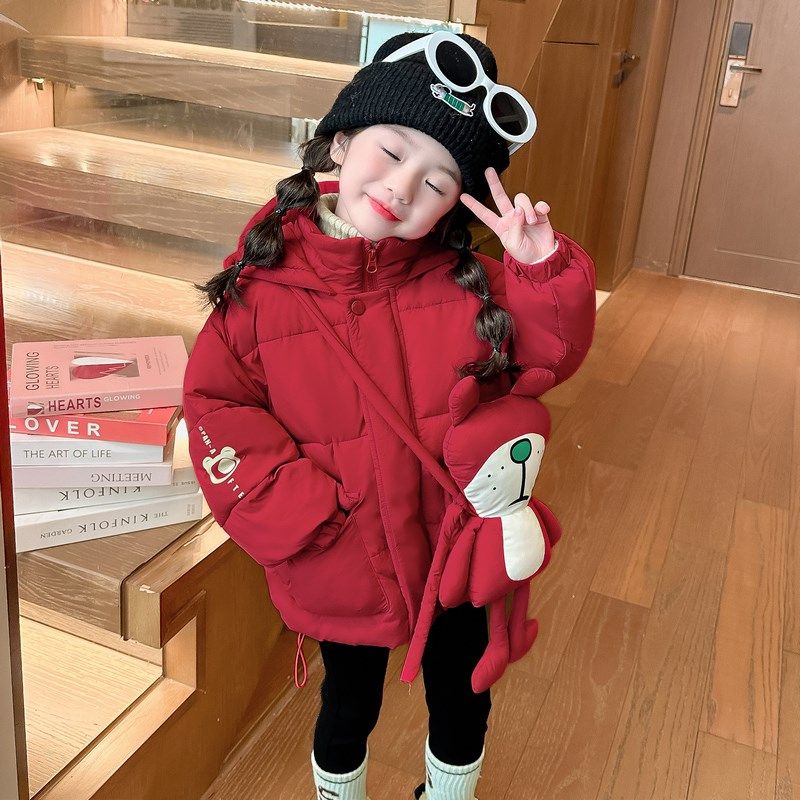 儿童卡通加厚棉衣新年2025女小童羽绒棉棉服女童洋气红色外套冬装