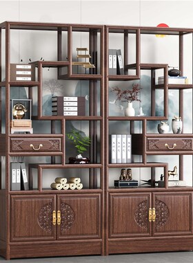 5868 78 88窄形实木博古架多宝阁新中式书架隔断架茶柜摆件架