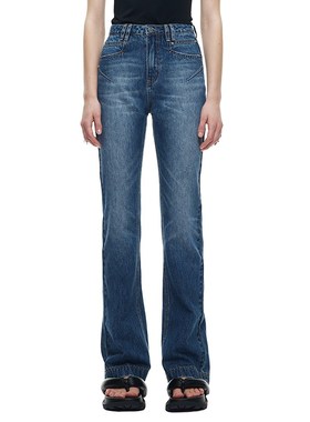 EmptyPage基础款百搭深蓝色直筒牛仔裤女水洗修身显瘦显高微阔脚