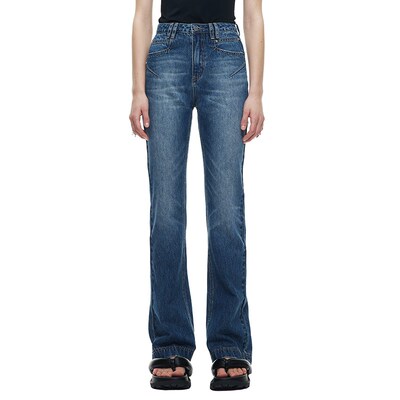 EmptyPage基础款百搭深蓝色直筒牛仔裤女水洗修身显瘦显高微阔脚