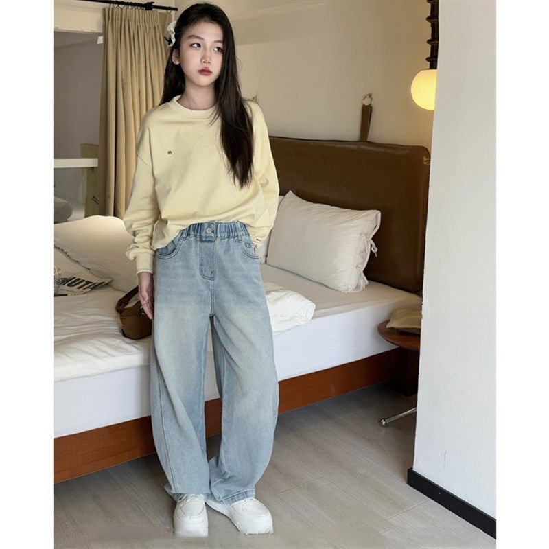 女童直筒牛仔裤童装2025春儿童窄版宽松牛仔裤男童百搭休闲长裤子