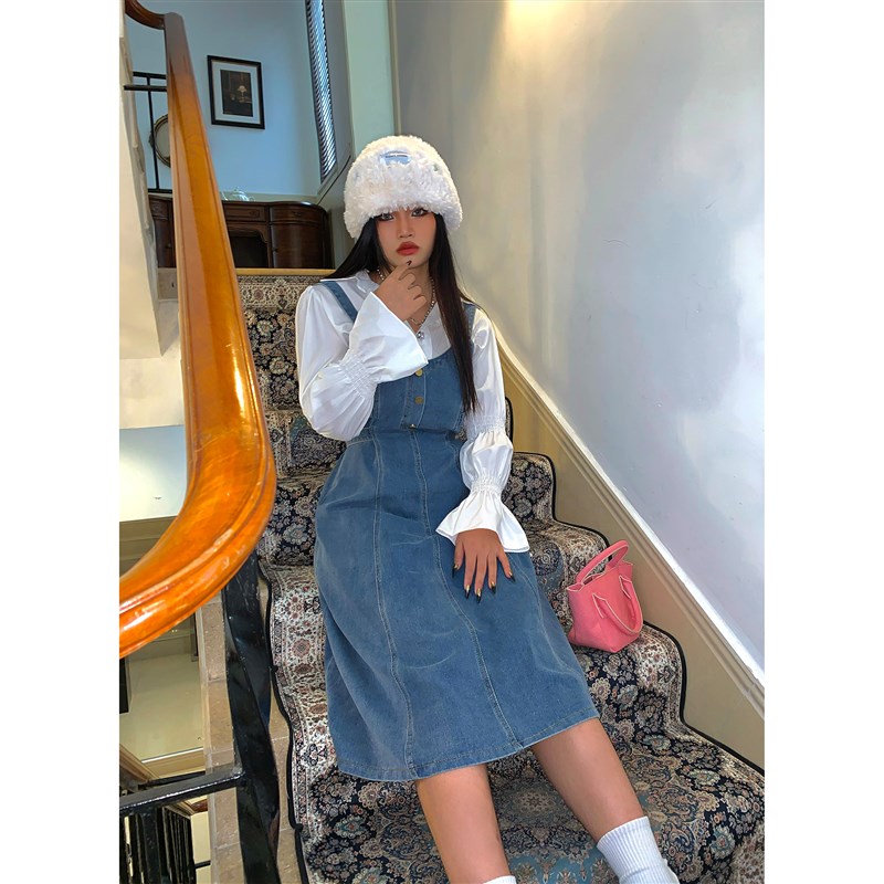 楠哥微胖牛仔连衣裙女秋冬季大码胖mm收腰街头显瘦吊带背带长裙子