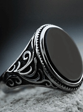 ROCK PUNK新款雕花黑松石戒指欧美复古时尚个性潮人食指镶嵌指环