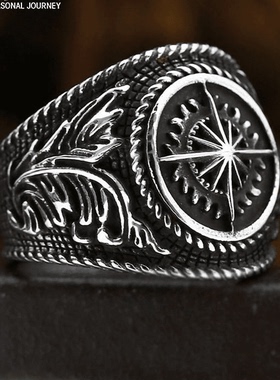 ROCK PUNK霸气时尚潮牌款钛钢指南针戒指创意欧美复古海浪潮指环