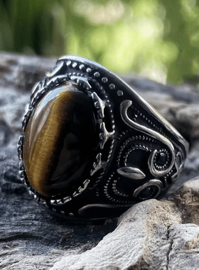 ROCK PUNK高级感虎眼石复古风钛钢戒指男士单身潮牌个性复古扳指