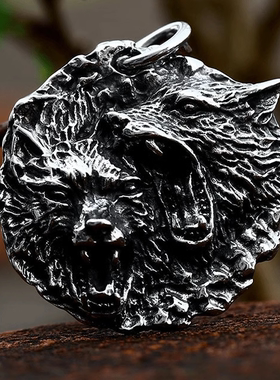 ROCK PUNK朋克做旧霸气狼项链饰品个性复古双狼创意潮牌挂坠吊坠