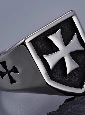 欧美个性钛钢十字架盾牌戒指