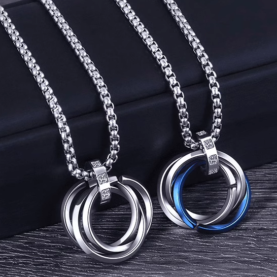 ROCK PUNK三环蓝色时尚项链环环相扣素款男项链吊坠简约日韩饰品