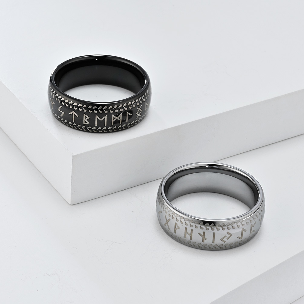 8mm弧面维京文字钨钢戒指北欧海盗卢恩符文时尚个性钨金饰品批发