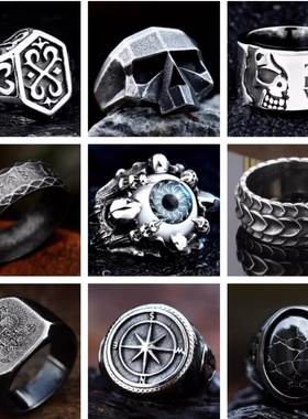 ROCK PUNK霸气复古风欧美骷髅朋克钛钢戒指高级感宽版时尚潮指环