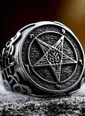 ROCK PUNK时尚潮牌款恶魔撒旦钛钢戒指饰品复古钛钢五角星食指环