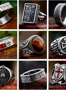 ROCK PUNK时尚单身个性复古潮牌欧美风戒指男士高级感十字架指环