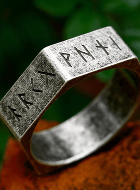 Rock Punk 欧美时尚简约维京字母戒指个性复古六角螺母男士潮指环