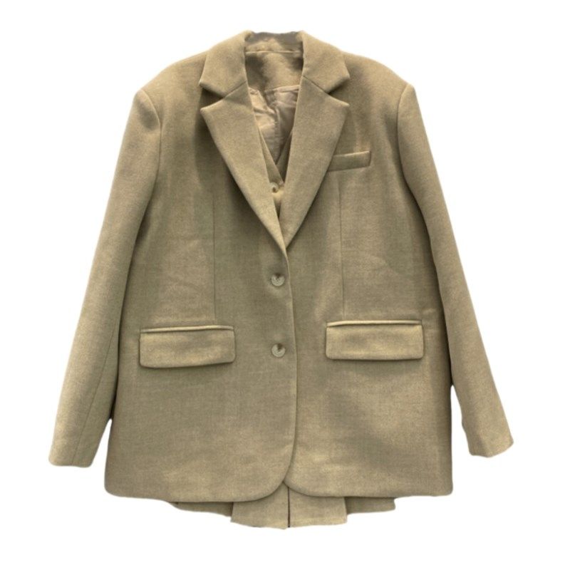 高级感休闲毛呢西装外套A字套装裙子小个子马甲百褶短裙三件套