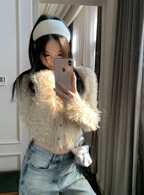 Xinlei Lin焦糖布蕾ACN*仿貂毛长毛圆领针织外套上衣女春甜美