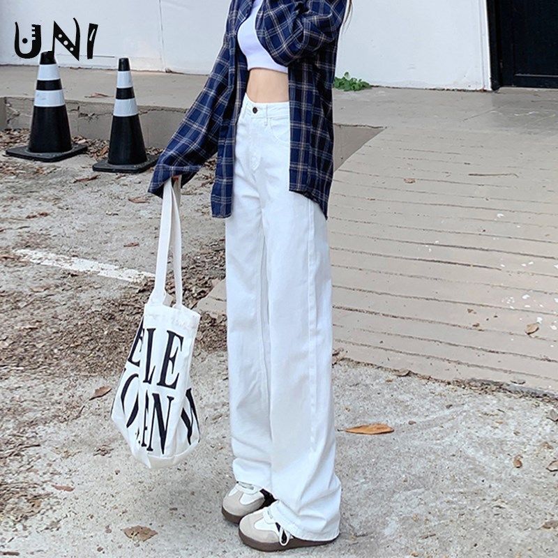 白色窄版直筒牛仔裤女早春新款高腰显瘦小个子九分休闲垂感阔腿裤