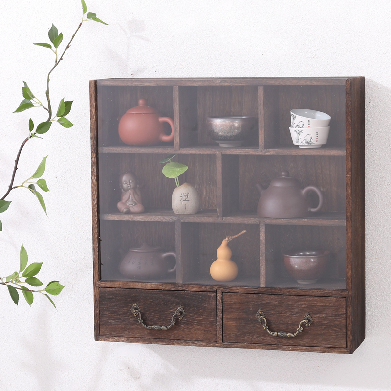 实木茶杯架 紫砂壶挂墙古董架 茶壶架多宝阁置物架 壁挂小博古架