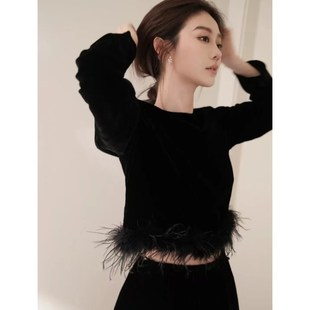 一整套ootd穿搭千金风气质毛毛下摆短款修身长袖上衣百搭长裙套装