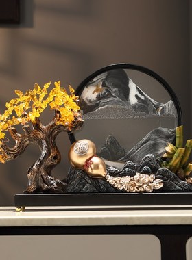 发财树流水生财假山流沙画摆件新中式客厅装饰品高档乔迁开业礼物