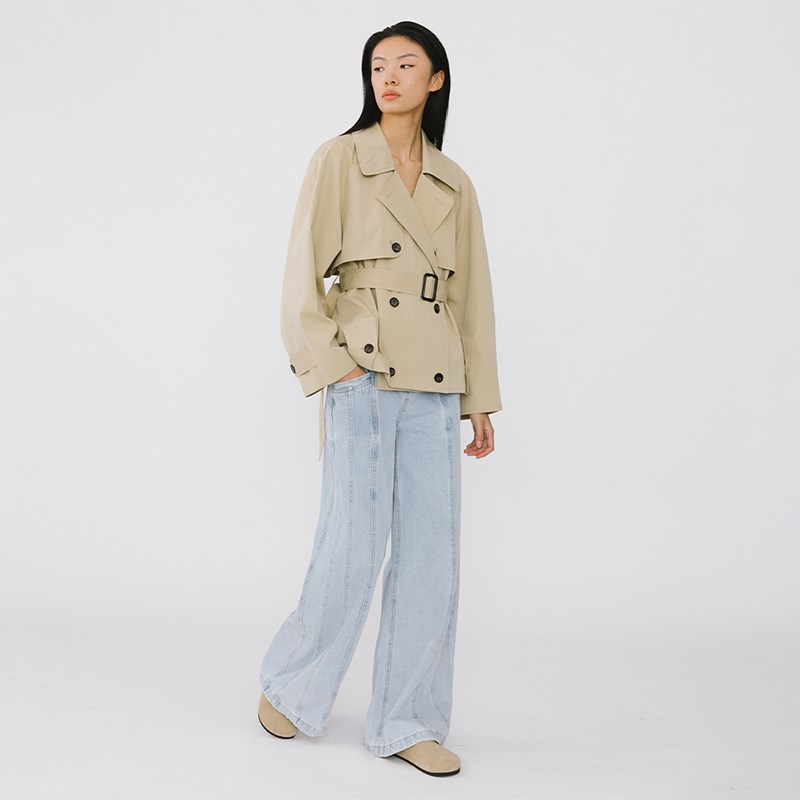 CUBIC松弛感大阔腿宽松款明线拼接设计高腰长款阔腿牛仔裤