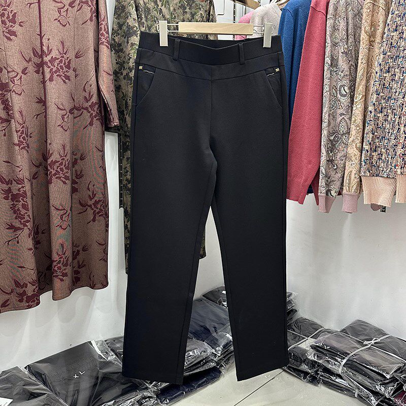中老年妈妈春秋裤子高腰45岁直筒黑色百搭60奶奶松紧腰休闲小脚裤