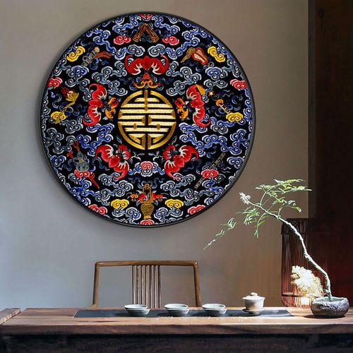 新中式圆形中国风龙玄关客厅装饰画龙凤呈祥百鸟朝凤求凰壁画挂画