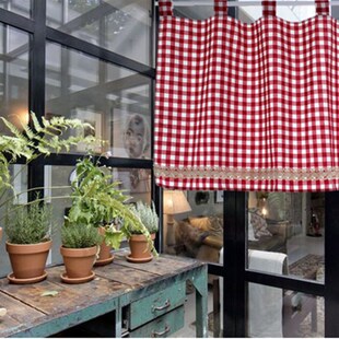 简约双面格子纯棉布艺门帘卧室 厨房半帘布帘定做窗帘隔断